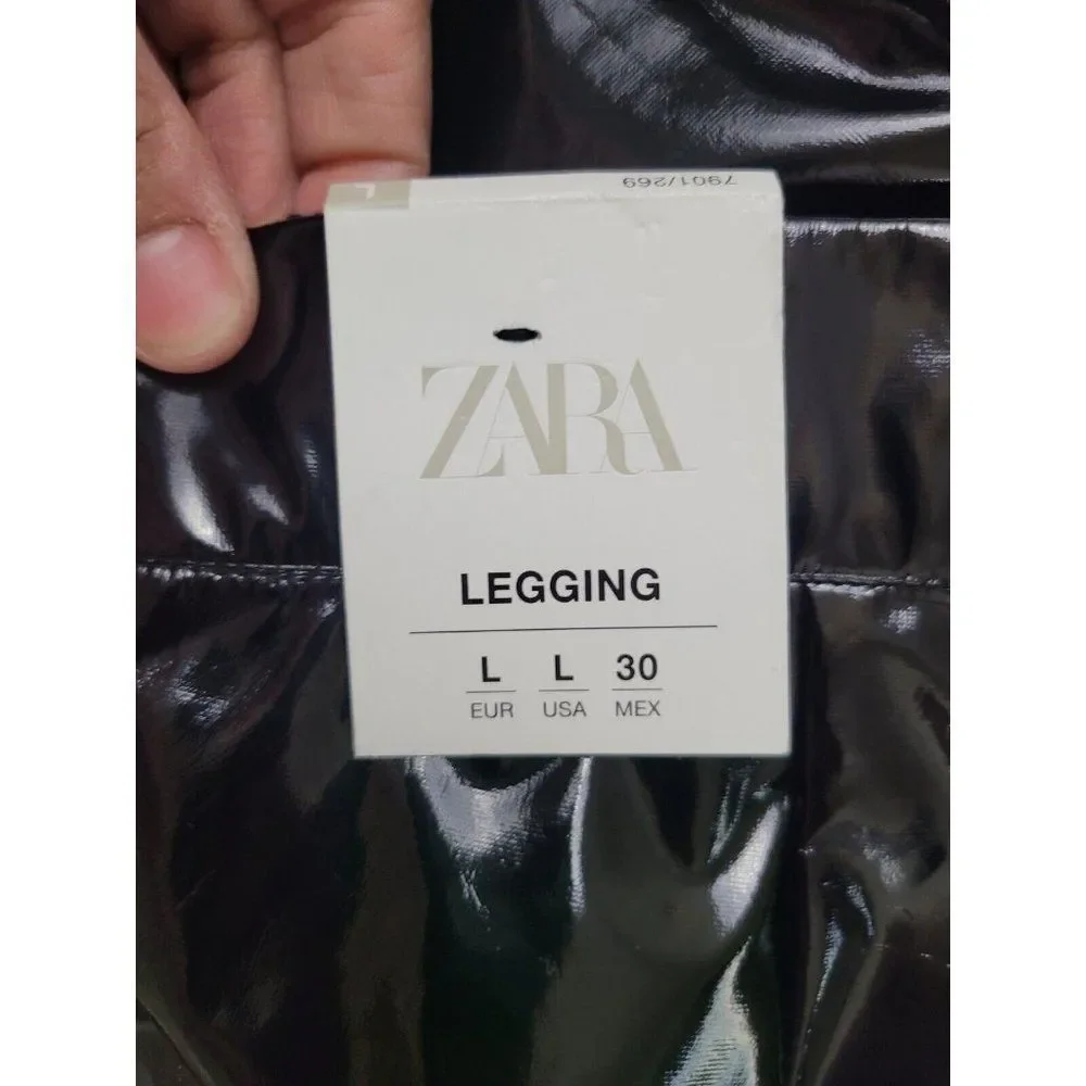 Zara Woman Faux Leather Shinny Vinyl Black Relaxed Fit Moto Biker Pants Size L - Picture 10 of 11